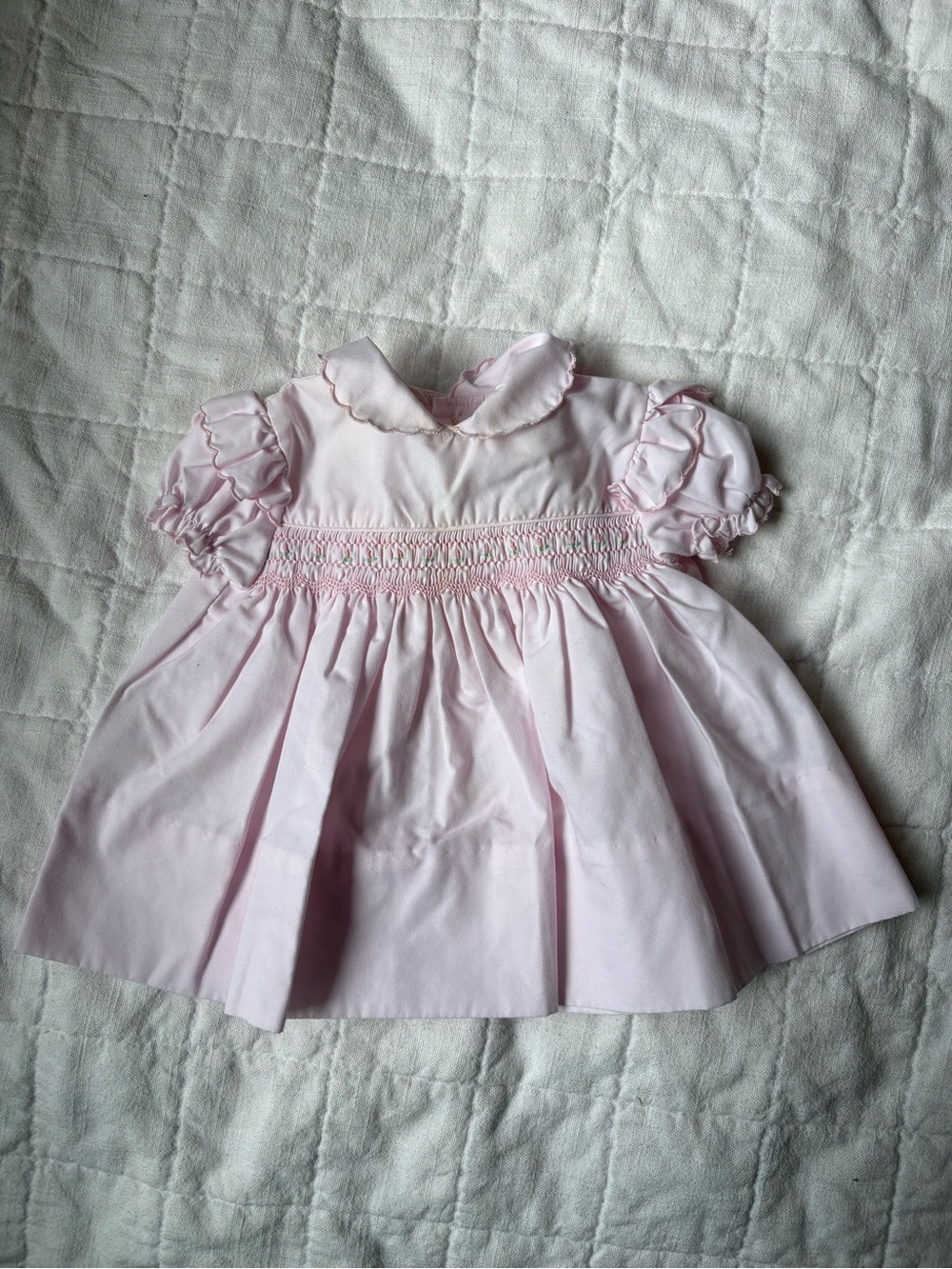 Vintage Petit Ami Baby Girl Newborn Pink Hand Smocked Dress Peter Pan Collar